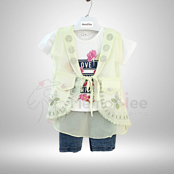 Girls 3pcs Fancy Dress Chiffone Upper with T-shirt and Denim Pant Z3603