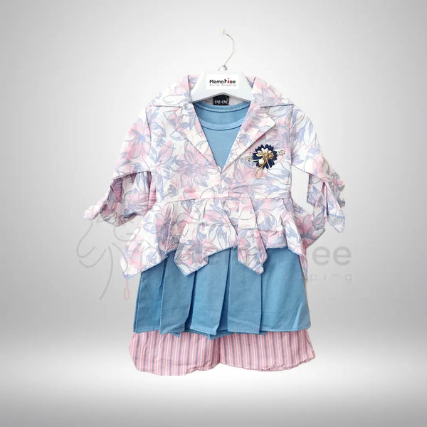 Girls 3 pcs Premium Quality Cotton Dress Upper Frock shirt and Trouser