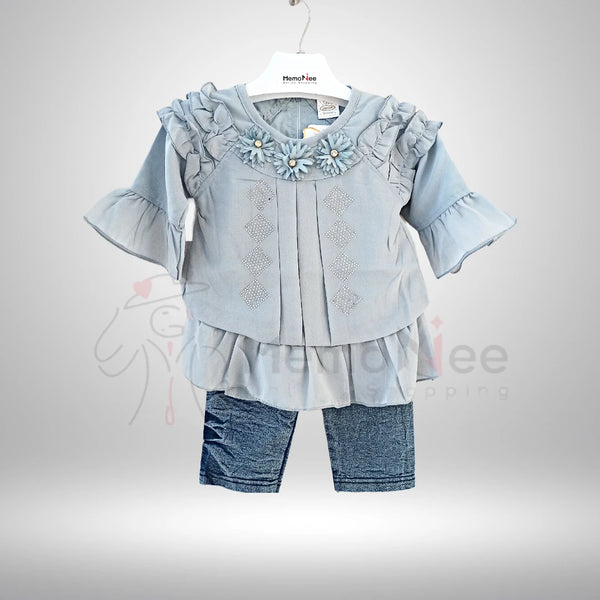 Girls fancy dress chiffone shirt denim pant premium collection Z3604