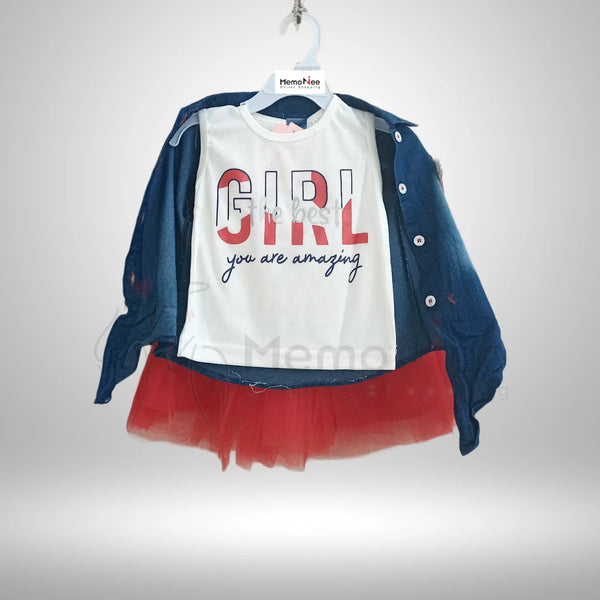 Girls Dress With Red Skirt and Denim Style Jacket 4pcs